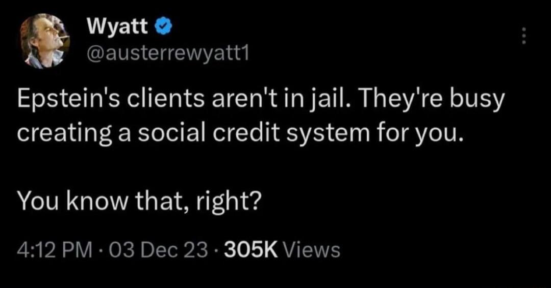 ERE austerrewyatt1 Epsteins clients arentin jail Theyre busy SCENLEER TR RIET SR Gl R G TS ACIEGUINRGE ATl vd 412 PM 03 Dec 23 305K Views