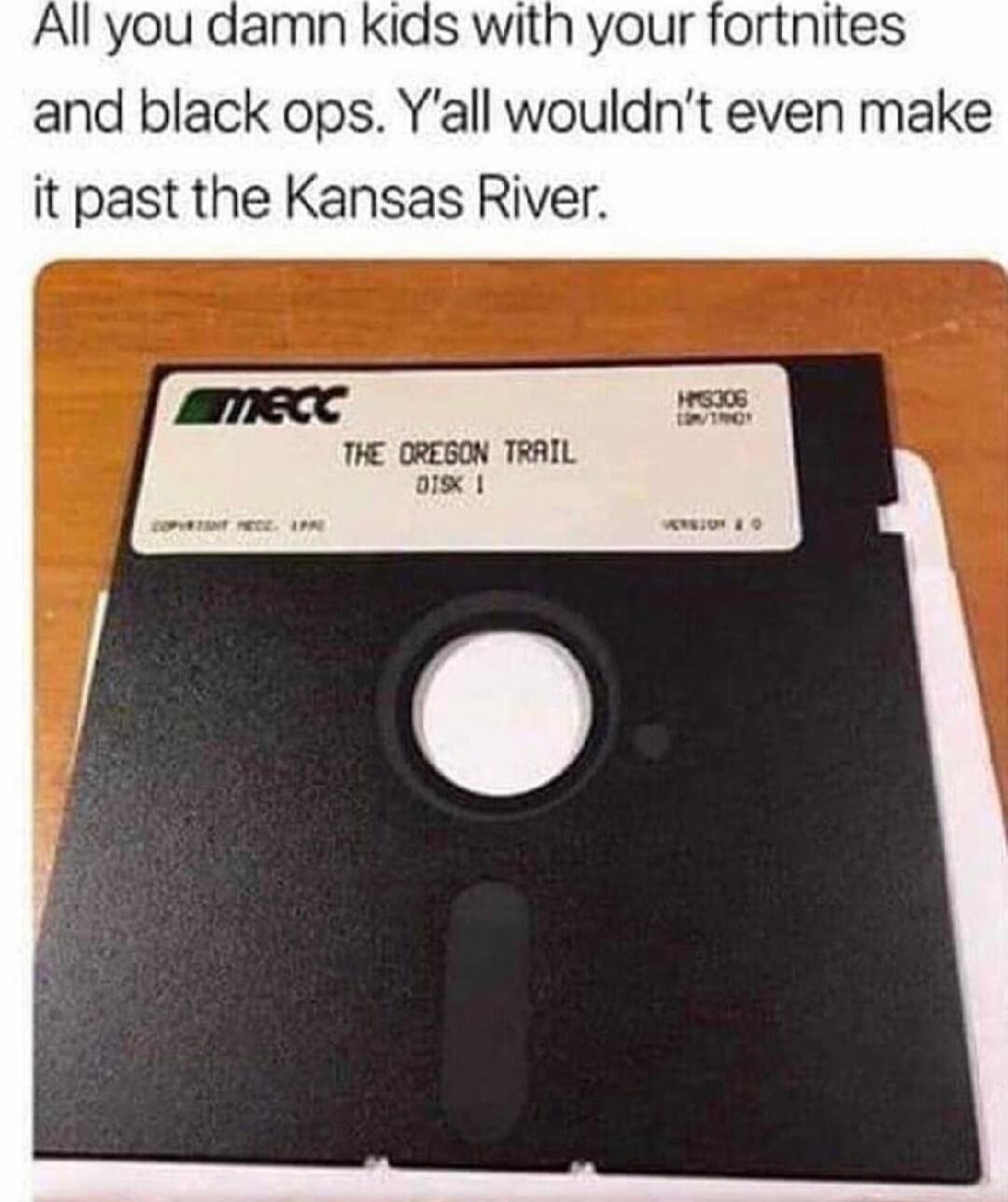 All you damn kids with your fortnites and black ops. Y'all wouldn't even make it past the Kansas River. The Oregon Trail Disk 1