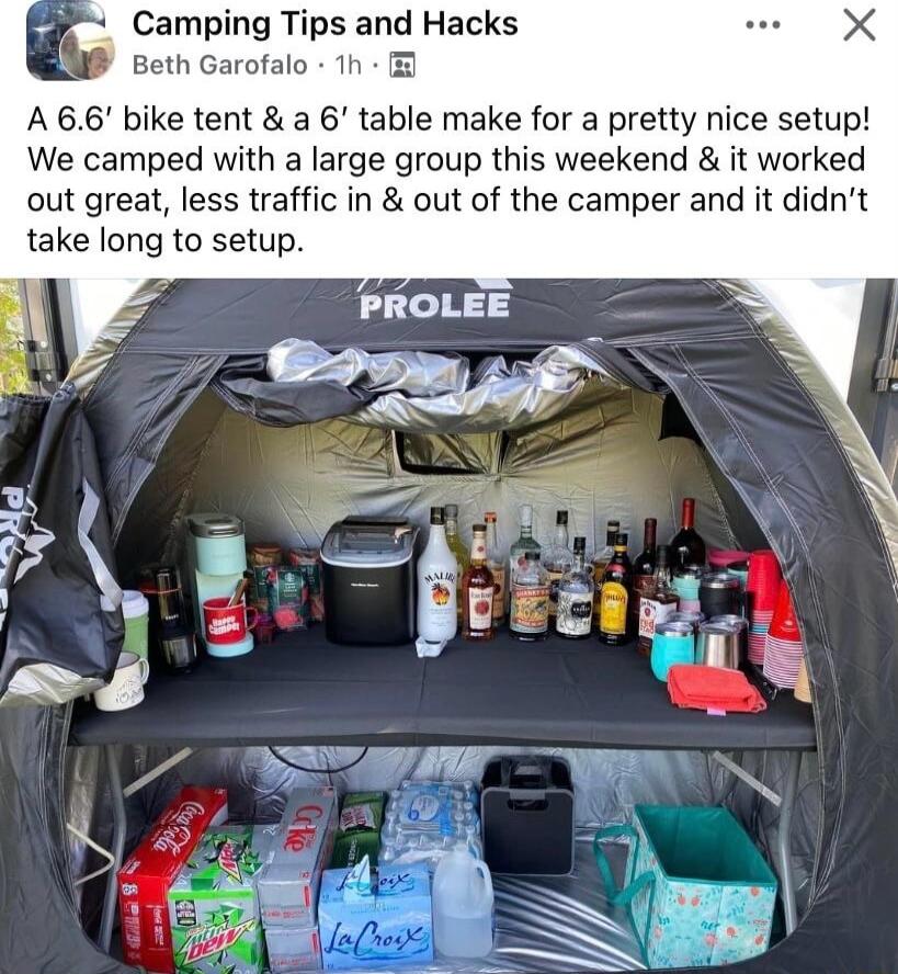 Camping Tips and Hacks Beth Garof A66 bike tent a 6 table make for a pretty nice setup We camped with a large group this weekend it worked out great less traffic in out of the camper and it didnt take long to setup 1815