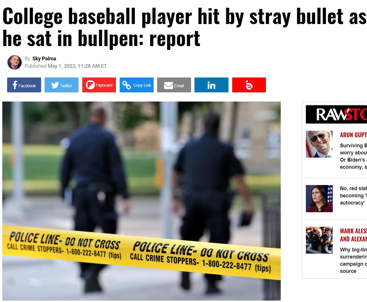 College haseball player hit by stray bullet as he sat in bullpen report B CaEn POLIGE UNE 00 wgr ggss UG SO V211 0