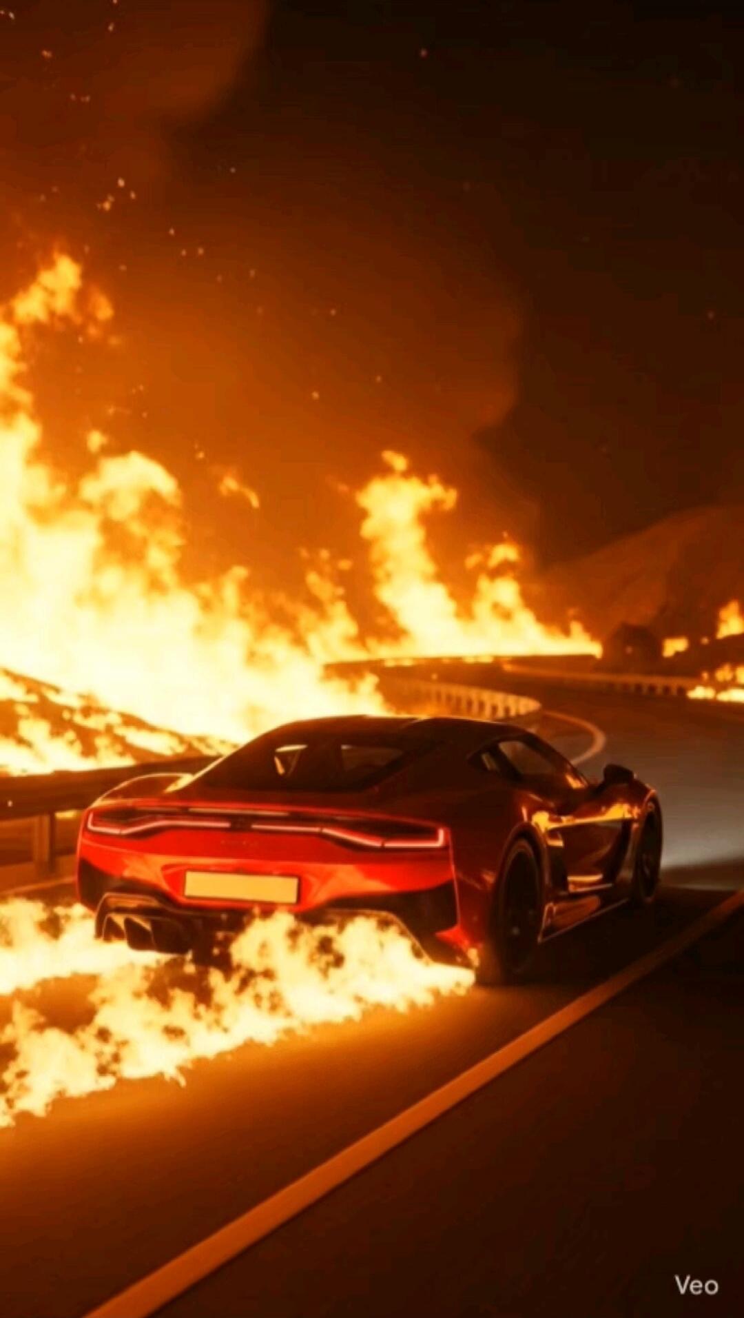 Session ID: 1033030.
A red sports car is on a highway engulfed in flames, flames and fire surrounding the vehicle.