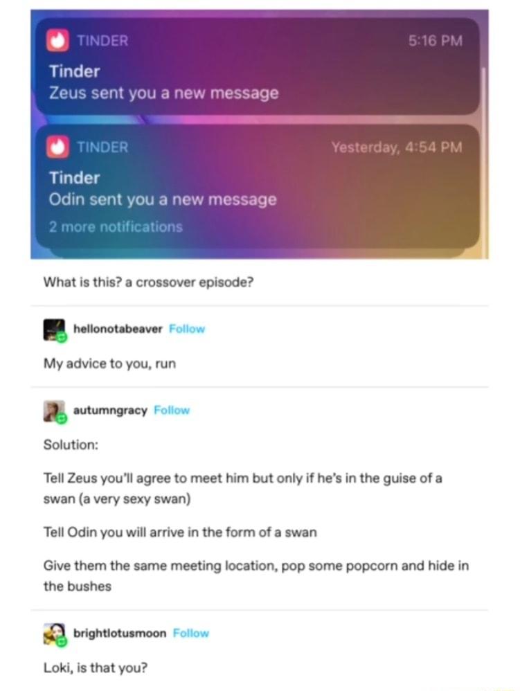 Tinder nt you a new message Yesterday new message What is this a crossover episode hellonotabeaver 7 1 My advice to you run autumngracy ollow Solution Tell Zeus youll agree to meet him but only if hes in the guise of a swan a very sexy swan Tell Odin you will arrive in the form of a swan Give them the same meeting location pop some popcorn and hide in the bushes brightiotusmoon ol Loki is that you