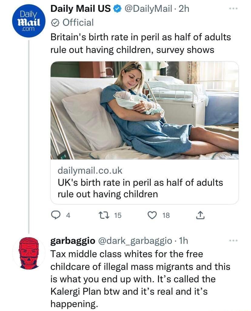 Daily Mail US DailyMail 2h Official Britains birth rate in peril as half of adults rule out having children survey shows dailymailcouk UKs birth rate in peril as half of adults rule out having children Q4 e R QO 1 4 Tax middle class whites for the free childcare of illegal mass migrants and this is what you end up with Its called the Kalergi Plan btw and its real and its happening garbaggio dark_g