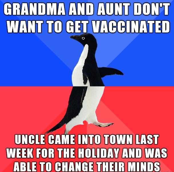 GRANDMA ANDAUNTIDONT WANT T0 GET VACCINATED UNCLEICAME INTOITOWNILAST WEEKFORTHE HOLIDAYANDIWAS ABLETO CHANGETHEIR MINDS