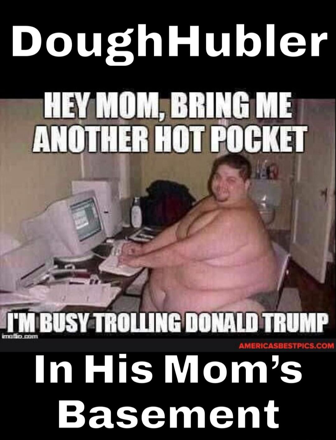 DoughHubler. HEY MOM, BRING ME ANOTHER HOT POCKET. I'M BUSY TROLLING DONALD TRUMP In His Mom's Basement.