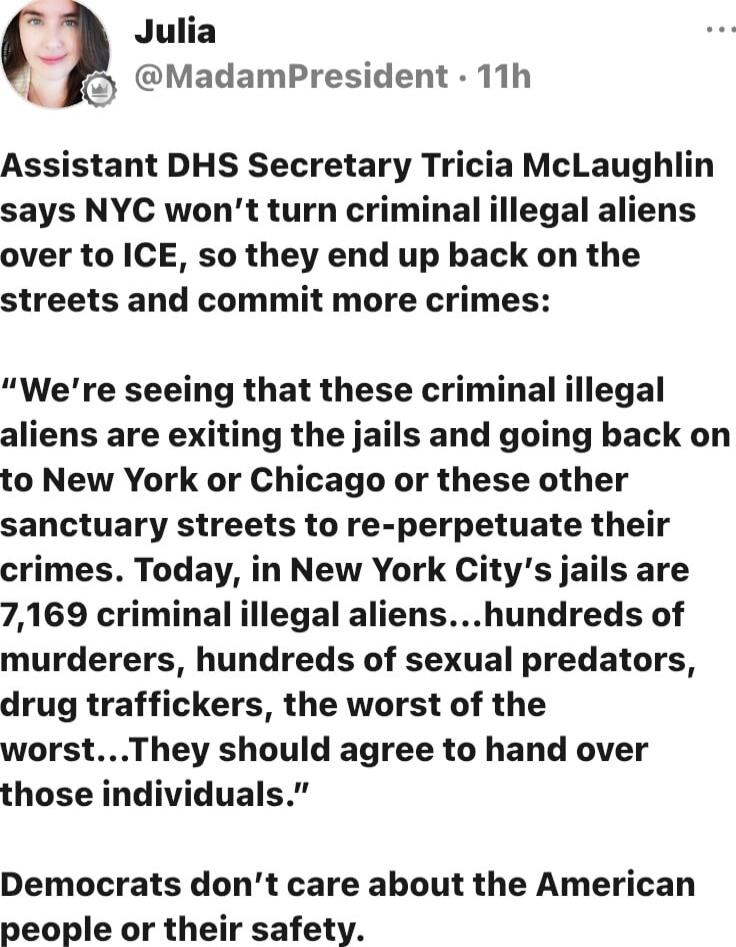 Assistant DHS Secretary Tricia McLaughlin says NYC won’t turn criminal illegal aliens over to ICE, so they end up back on the streets and commit more crimes: “We’re seeing that these criminal illegal aliens are exiting the jails and going back on to New York or Chicago or these other sanctuary streets to re-perpetrate their crimes. Today, in New Yo