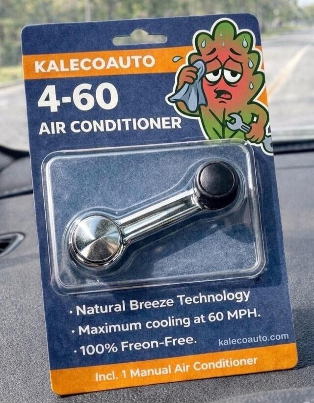 KALECOAUTO 4-60 AIR CONDITIONER. Natural Breeze Technology. Maximum cooling at 60 MPH. 100% Freon-Free. Incl. 1 Manual Air Conditioner. The packaging features a sweating cartoon character holding a wrench and a cloth, humorously implying manual effort and heat.