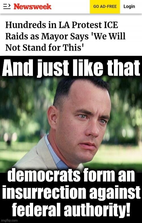 Hundreds in LA Protest ICE Raids as Mayor Says 'We Will Not Stand for This' And just like that democrats form an insurrection against federal authority!
