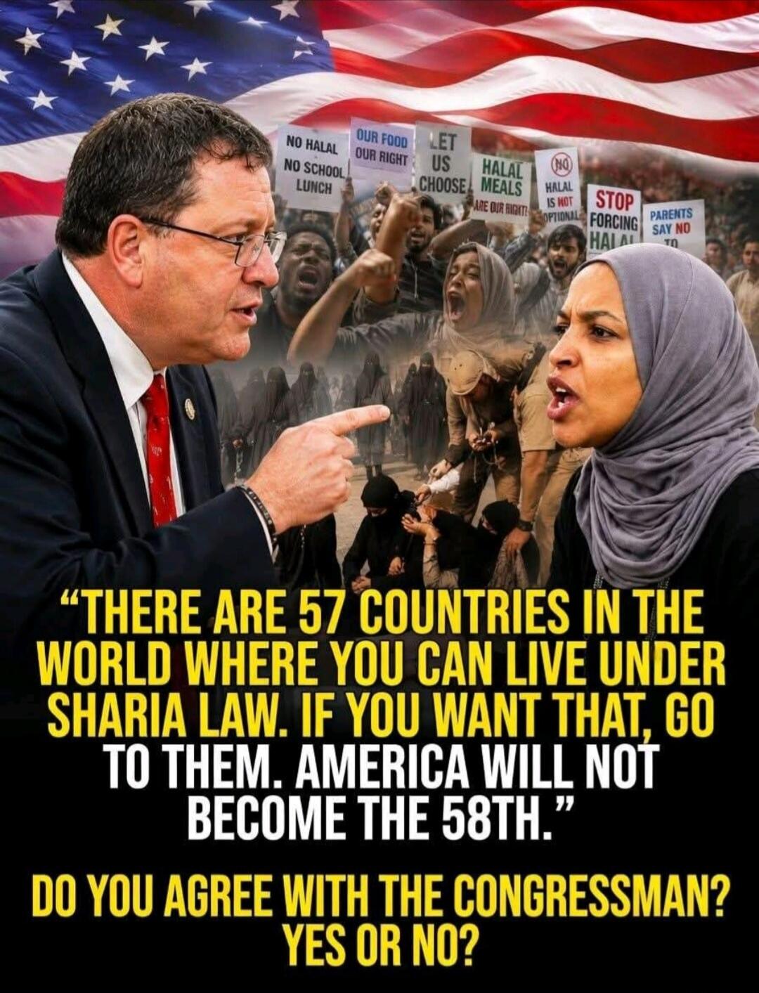A congressman points his finger at a woman in a hijab, with a crowd of protesters in the background holding signs. The signs read: 'NO HALAL NO SCHOOL LUNCH', 'OUR FOOD OUR RIGHT', 'LET US CHOOSE', 'HALAL MEALS ARE OUR RIGHT!', 'HALAL IS NOT OPTIONAL', 'STOP FORCING HALAL', 'PARENTS SAY NO TO'. Below the image, a large text block states: 'THERE ARE