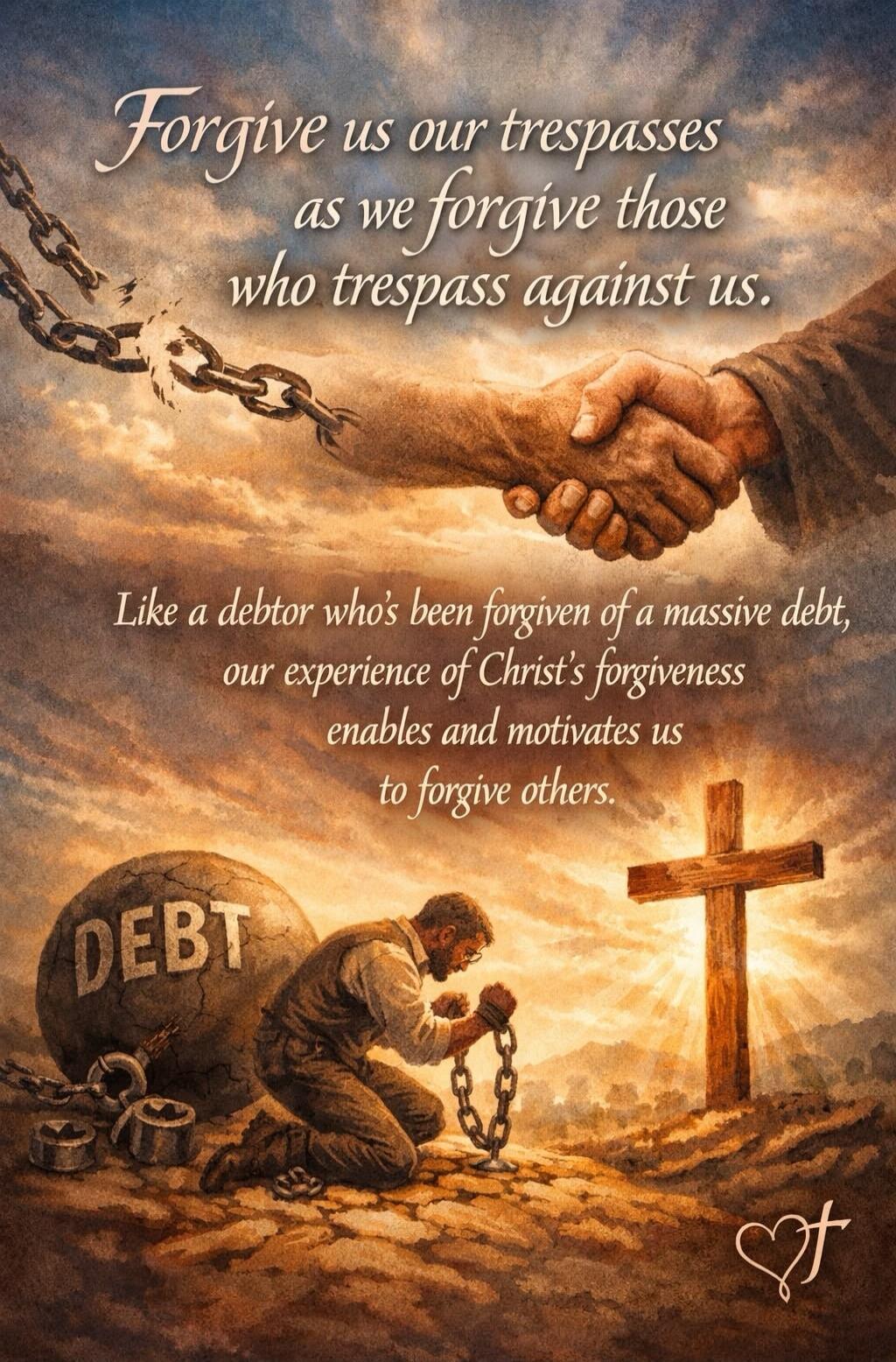 Forgive us our trespasses as we forgive those who trespass against us. Like a debtor who's been forgiven of a massive debt, our experience of Christ's forgiveness enables and motivates us to forgive others. DEBT