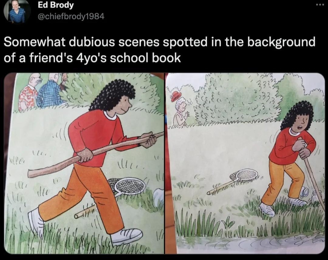 e y Somewhat dubious scenes spotted in the background of a friends 4yos school book