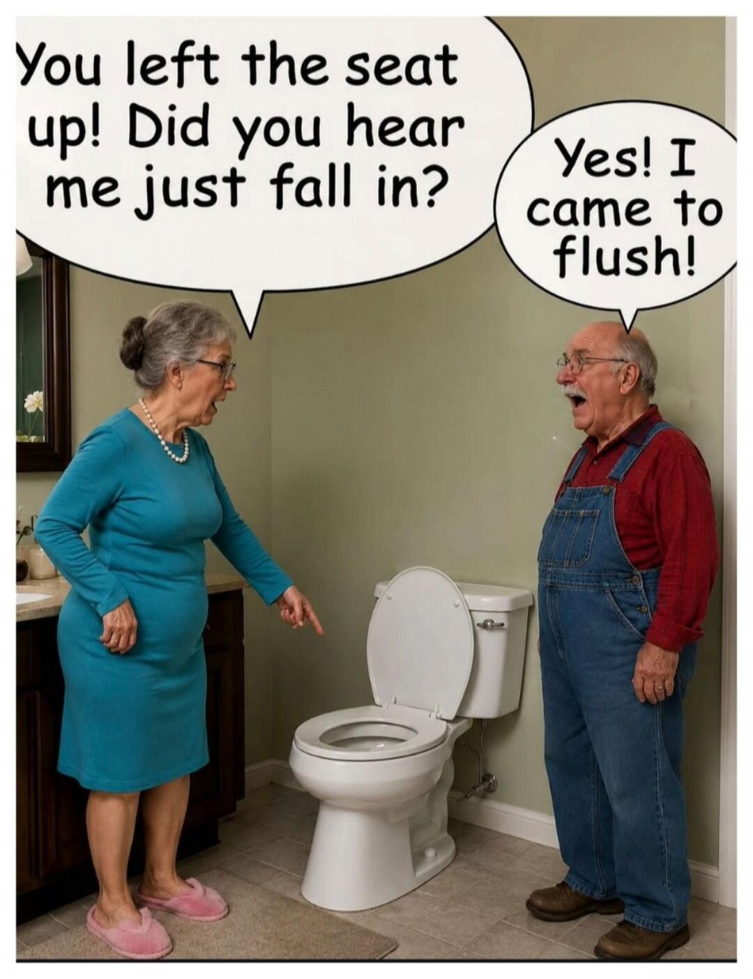 You left the seat up! Did you hear me just fall in? Yes! I came to flush!