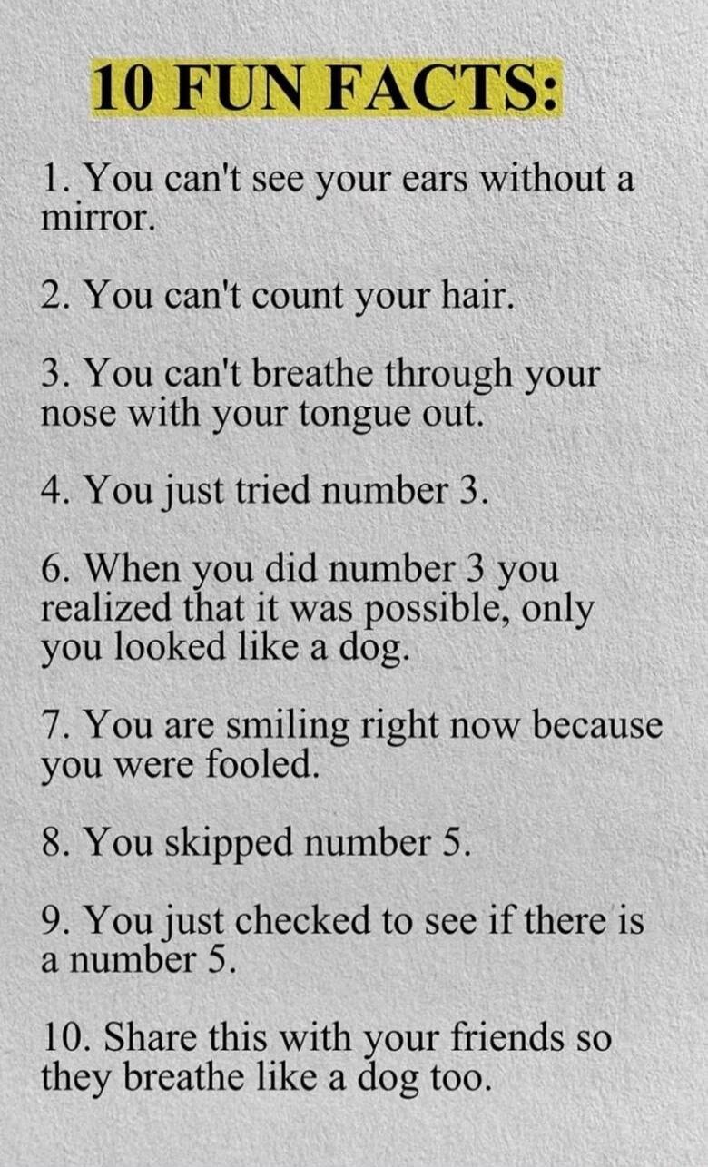 10 FUN FACTS:
1. You can't see your ears without a mirror.
2. You can't count your hair.
3. You can't breathe through your nose with your tongue out.
4. You just tried number 3.
6. When you did number 3 you realized that it was possible, only you looked like a dog.
7. You are smiling right now because you were fooled.
8. You skipped number 5.
9. Yo