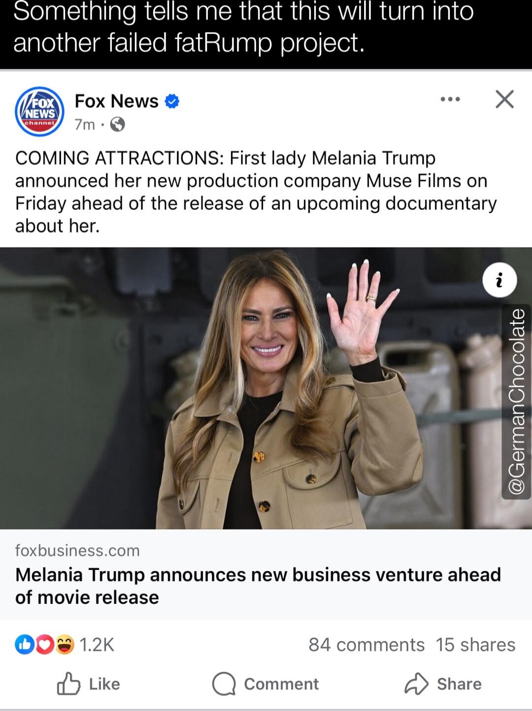 Something tells me that this will turn into another failed fatRump project.
Fox News
COMING ATTRACTIONS: First lady Melania Trump announced her new production company Muse Films on Friday ahead of the release of an upcoming documentary about her.
[Image of Melania Trump waving]
foxbusiness.com Melania Trump announces new business venture ahead of m