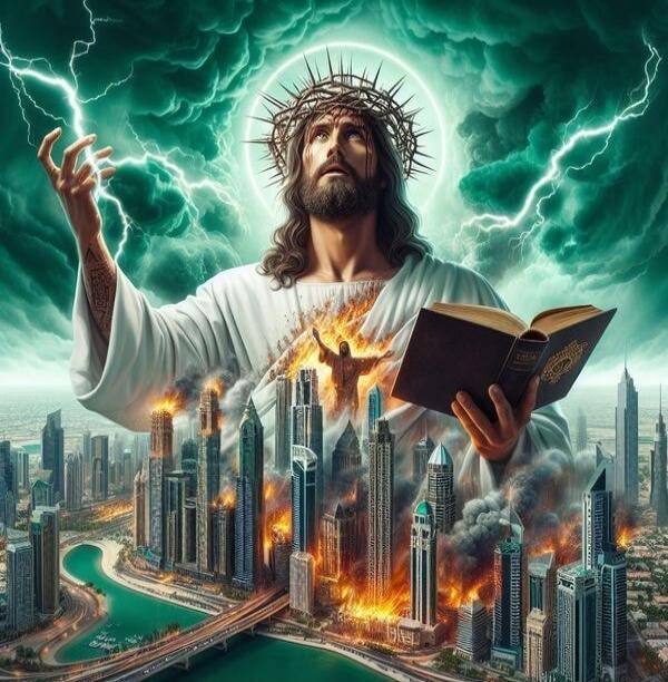 Jesus Christ with a crown of thorns holding a Bible over a burning city with lightning and a dramatic sky.