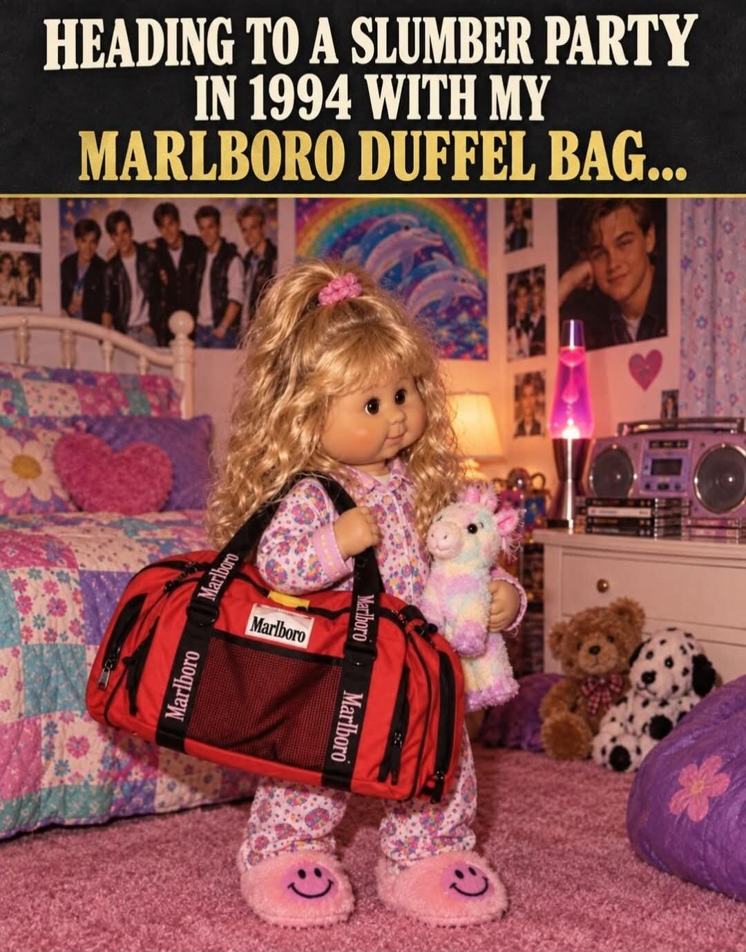 HEADING TO A SLUMBER PARTY IN 1994 WITH MY MARLBORO DUFFEL BAG...