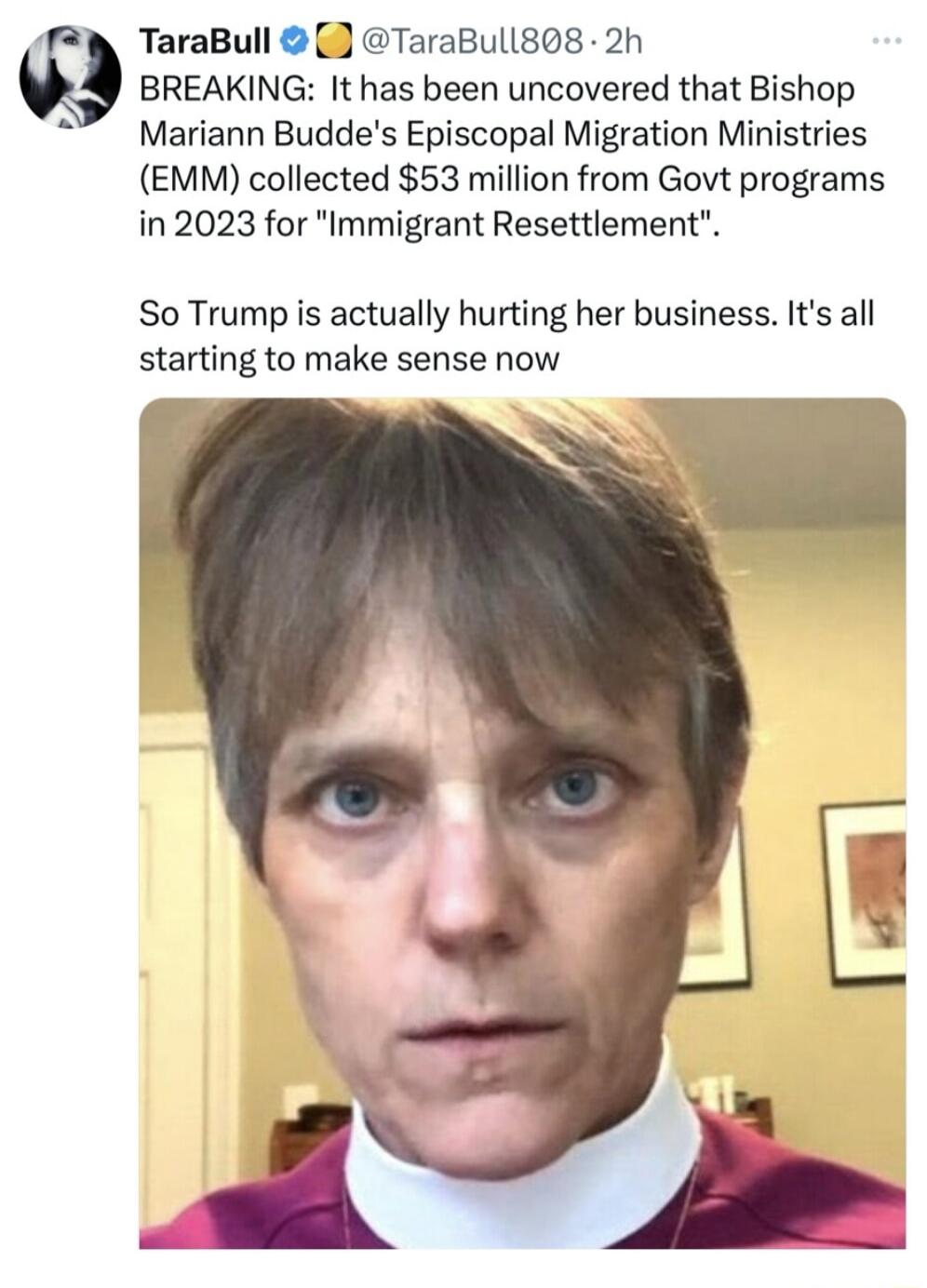 TaraBull TaraBull808 2h BREAKING It has been uncovered that Bishop Mariann Buddes Episcopal Migration Ministries EMM collected 53 million from Govt programs in 2023 for Immigrant Resettlement So Trump is actually hurting her business Its all starting to make sense now A