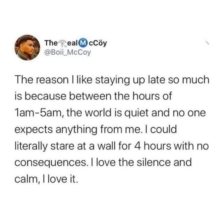 The ealcCoy Boii_McCoy The reason like staying up late so much is because between the hours of 1am 5am the world is quiet and no one expects anything from me could literally stare at a wall for 4 hours with no consequences love the silence and calm love it