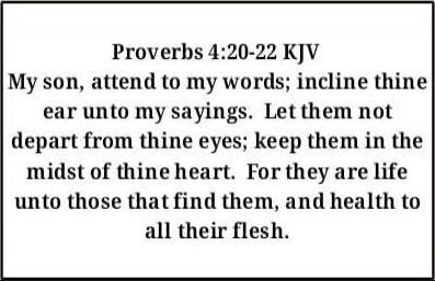 Proverbs 4:20-22 KJV
My son, attend to my words; incline thine ear unto my sayings. Let them not depart from thine eyes; keep them in the midst of thine heart. For they are life unto those that find them, and health to all their flesh.