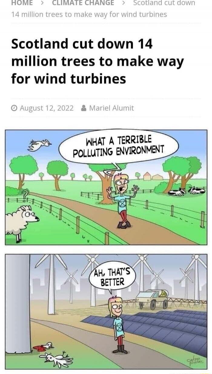 Scotland cut down 14 million trees to make way for wind turbines

What a terrible polluting environment
Ah, that's better