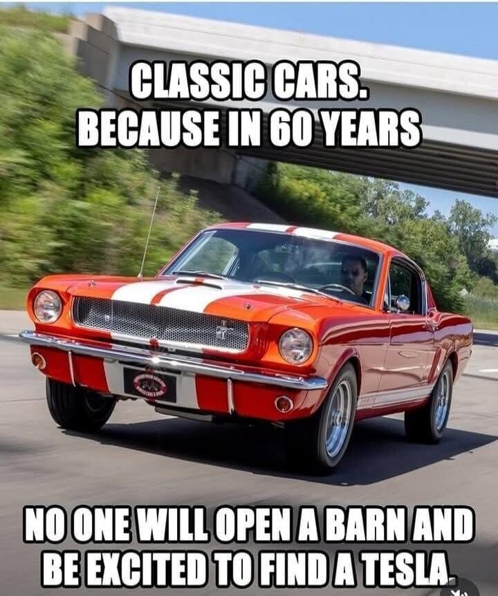 CLASSIC CARS. BECAUSE IN 60 YEARS NO ONE WILL OPEN A BARN AND BE EXCITED TO FIND A TESLA.