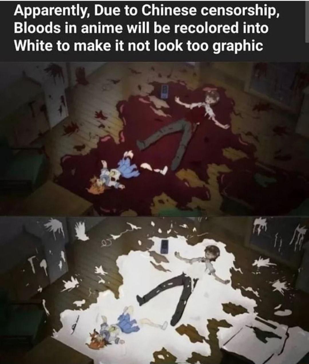 Apparently Due to Chinese censorship Bloods in anime will be recolored into White to make it not look too graphic