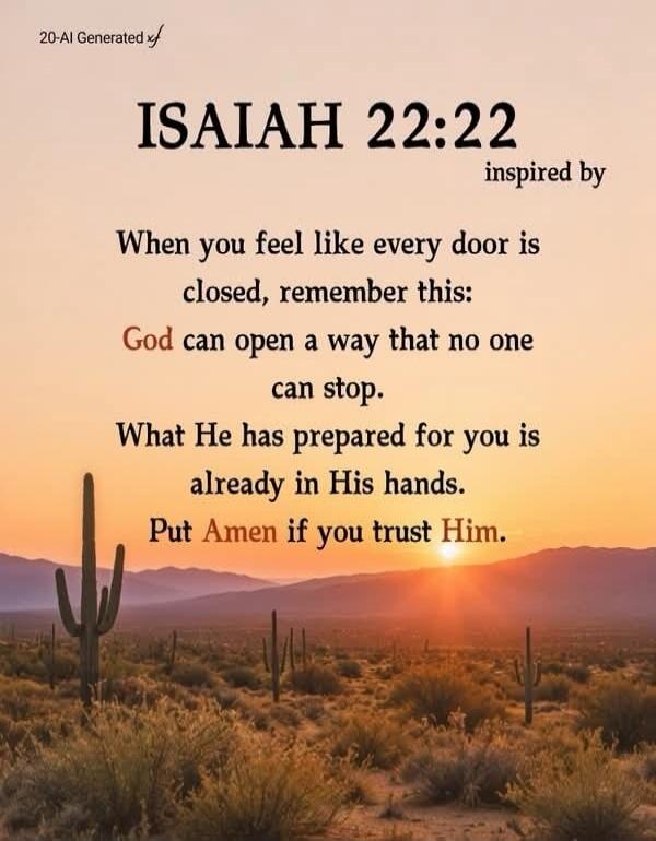 20-AI Generated. Isaiah 22:22 inspired by. When you feel like every door is closed, remember this: God can open a way that no one can stop. What He has prepared for you is already in His hands. Put Amen if you trust Him.
