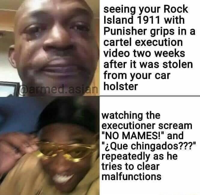 seeing your Rock Island 1911 with Punisher grips in a cartel execution video two weeks after it was stolen from your car holster watching the executioner scream NO MAMES and Que chingados repeatedly as he tries to clear malfunctions
