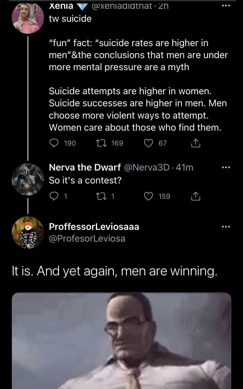 P CHIER QCHEIE ol IRV tw suicide fun fact suicide rates are higher in menthe conclusions that men are under more mental pressure are a myth Suicide attempts are higher in women Suicide successes are higher in men Men choose more violent ways to attempt Women care about those who find them 190 1 169 Q 67 e Nerva the Dwarf Nerva3D 41m n So its a contest Q1 n1 Q 159 p ProffessorLeviosaaa E82 Profesor