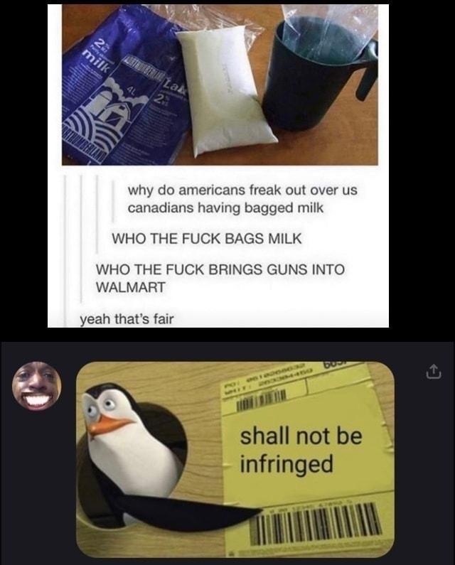 canadians having bagged milk WHO THE FUCK BAGS MILK WHO THE FUCK BRINGS GUNS INTO WALMART yeah thats fair