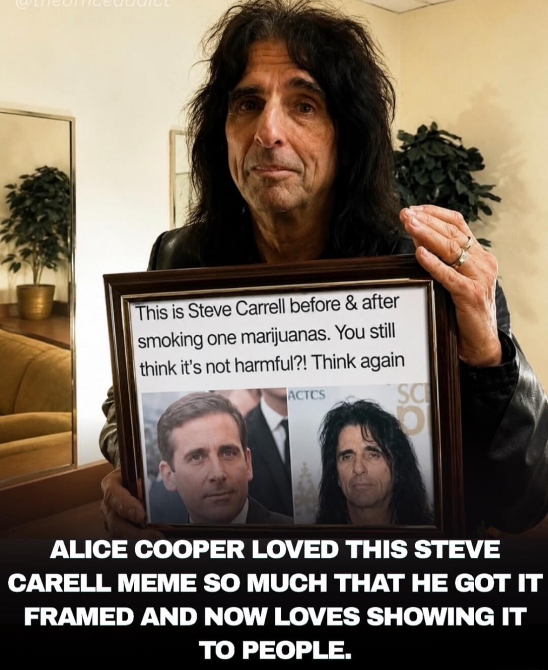 This is Steve Carrell before & after smoking one marijuanas. You still think it's not harmful?! Think again. ALICE COOPER LOVED THIS STEVE CARELL MEME SO MUCH THAT HE GOT IT FRAMED AND NOW LOVES SHOWING IT TO PEOPLE.