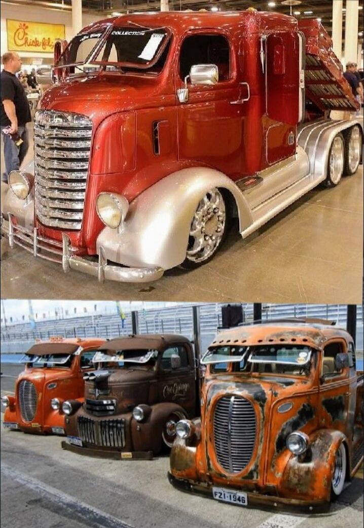 Chick-fil-A sign in the background; red customized semi-truck in the foreground; rusted vintage trucks with license plate F21-1946.