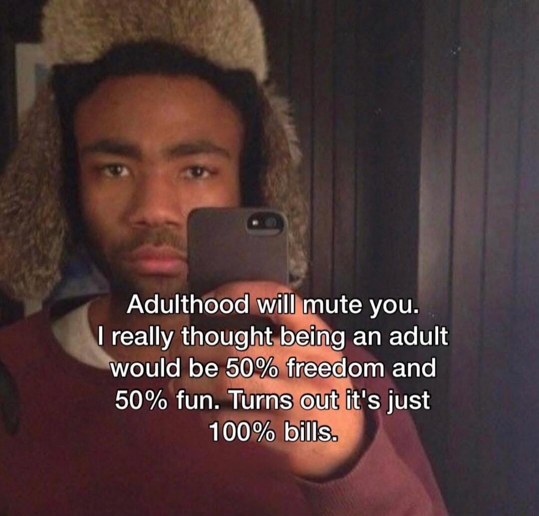 Adulthood will mute you. I really thought being an adult would be 50% freedom and 50% fun. Turns out it's just 100% bills.
