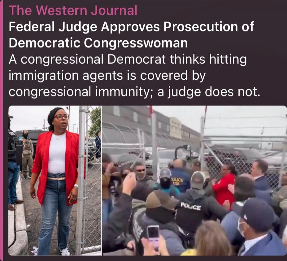 The Western Journal Federal Judge Approves Prosecution of Democratic Congresswoman A congresswoman Democrat thinks hitting immigration agents is covered by congressional immunity; a judge does not.