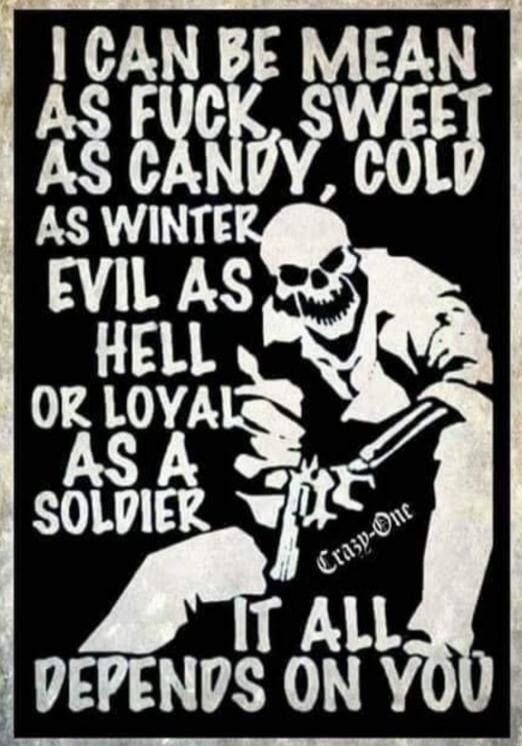 I CAN BE MEAN AS FUCK SWEET AS CANDY, COLD AS WINTER EVIL AS HELL AS LOYAL AS A SOLDIER IT ALL DEPENDS ON YOU