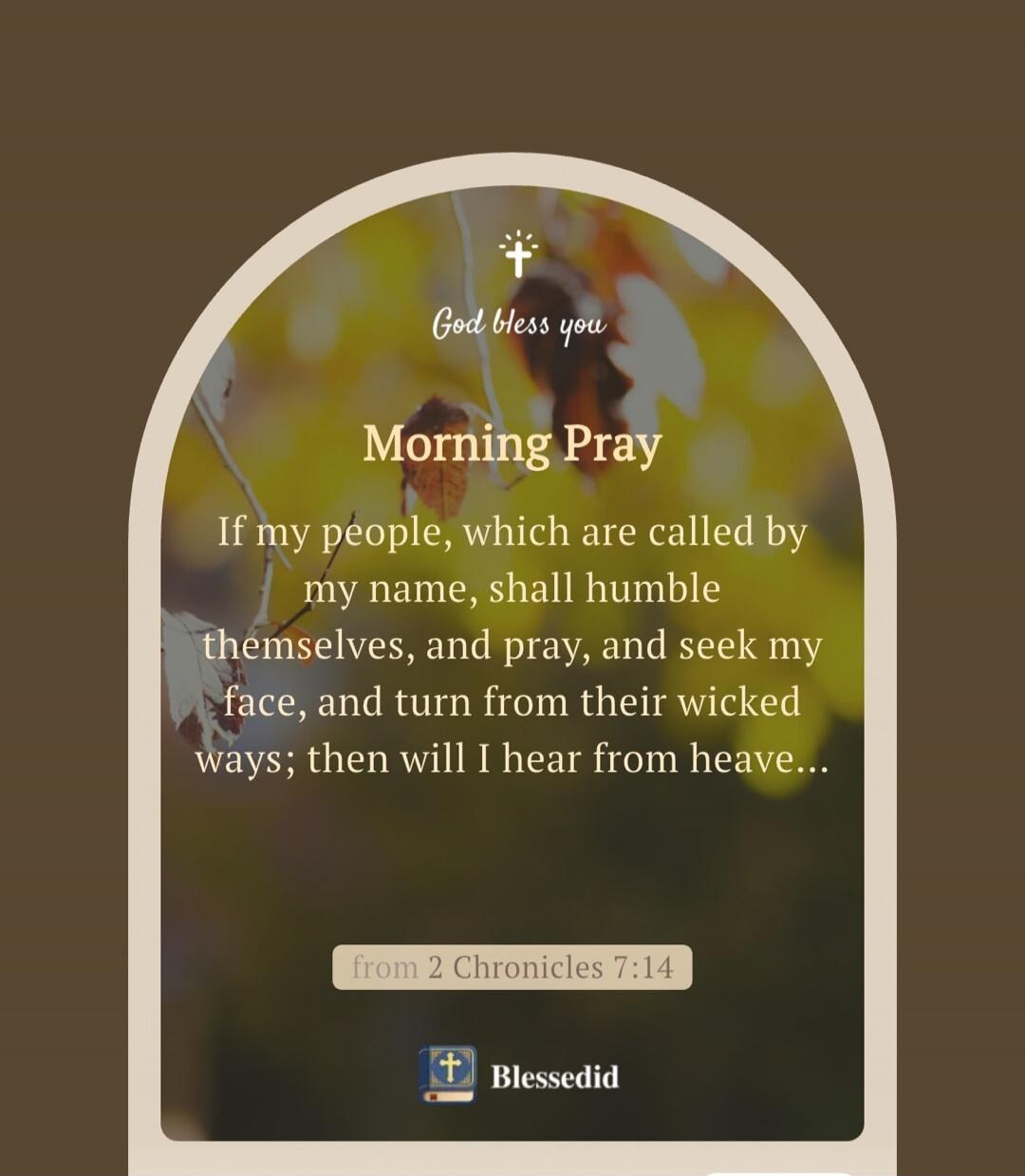 God bless you Morning Pray If my people, which are called by my name, shall humble themselves, and pray, and seek my face, and turn from their wicked ways; then will I hear from heaven... from 2 Chronicles 7:14 Blessedid