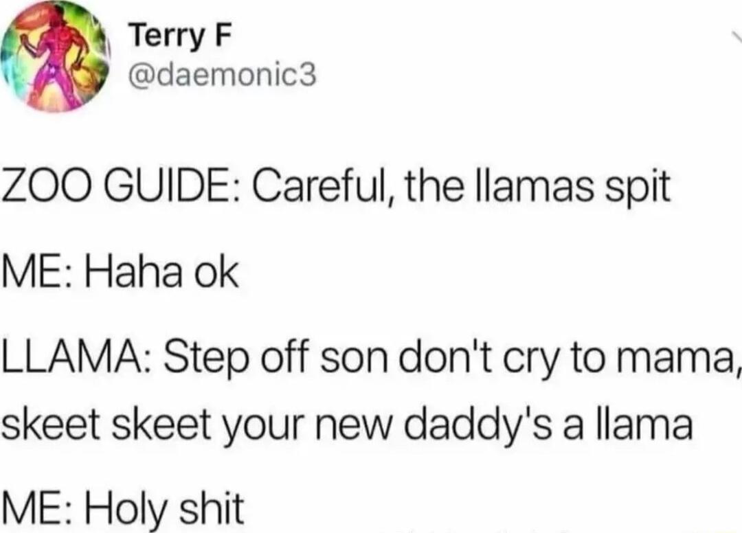 Terry F daemonic3 Z0OO GUIDE Careful the llamas spit ME Haha ok LLAMA Step off son dont cry to mama skeet skeet your new daddys a llama ME Holy shit