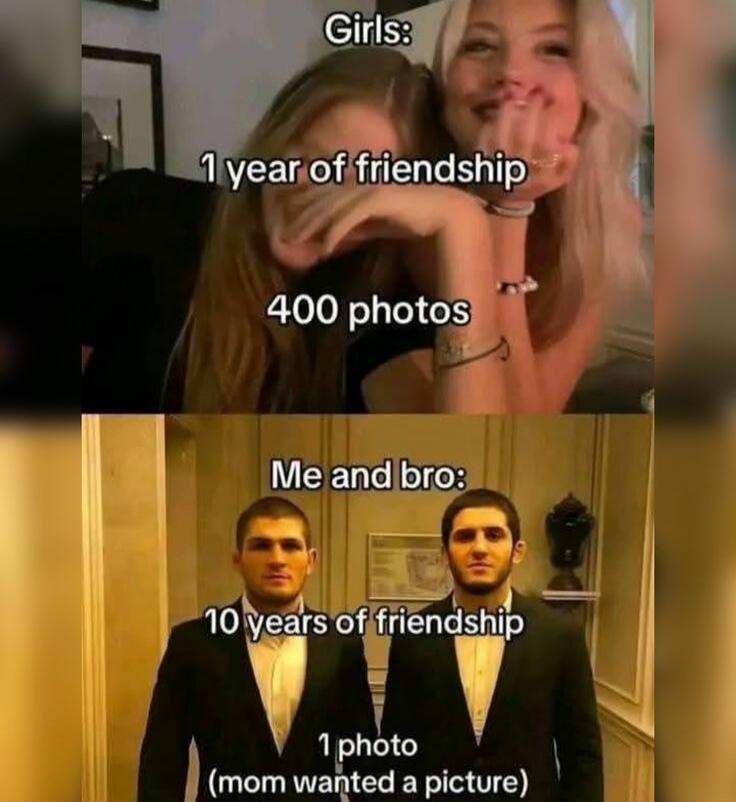 Girls:
1 year of friendship
400 photos
Me and bro:
10 years of friendship
1 photo
(mom wanted a picture)