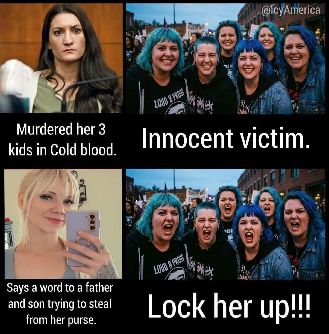 Murdered her 3 kids in Cold blood. Innocent victim. Says a word to a father and son trying to steal from her purse. Lock her up!!!