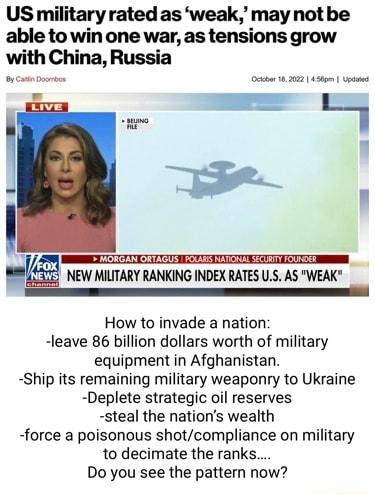 US military rated as weak may notbe able to win one war as tensions grow with Chma Russia Ockber 102022 436m s I_ NEW MIITARY RANKING INDEX RATES US AS WEAK How to invade a nation leave 86 billion dollars worth of military equipment in Afghanistan Ship its remaining military weaponry to Ukraine Deplete strategic oil reserves steal the nations wealth force a poisonous shotcompliance on military to 