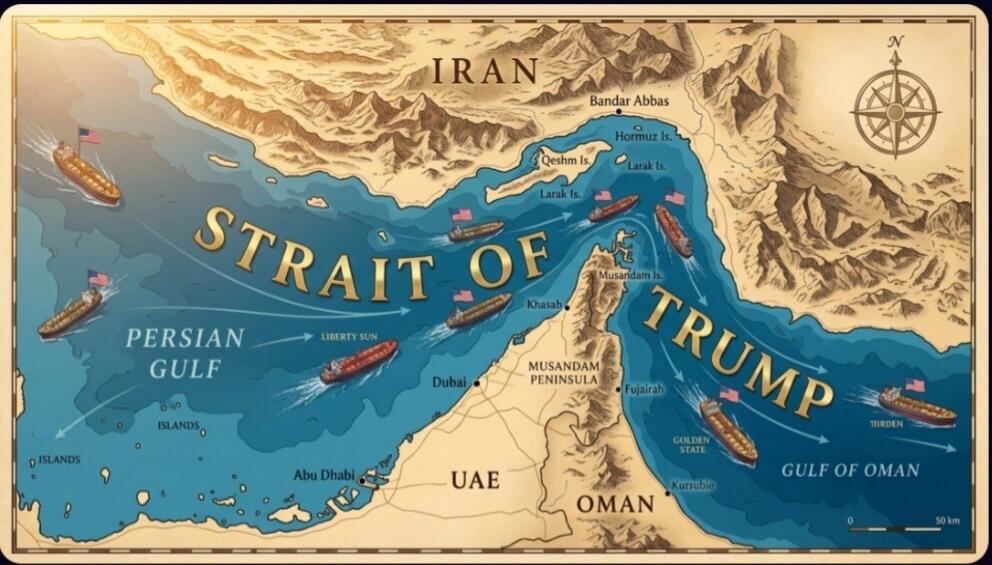 IRAN, Bandar Abbas, Hormuz Is., Qeshm Is., Larak Is., STRAIT OF TRUMP, PERSIAN GULF, LIBERTY SUN, Khasab, Musandam Is., Dubai, MUSANDAM PENINSULA, UAE, OMAN, Fujairah, GOLDEN STATE, Kursubia, GULF OF OMAN, TIRDEN, Abu Dhabi, ISLANDS, N, 50 km.