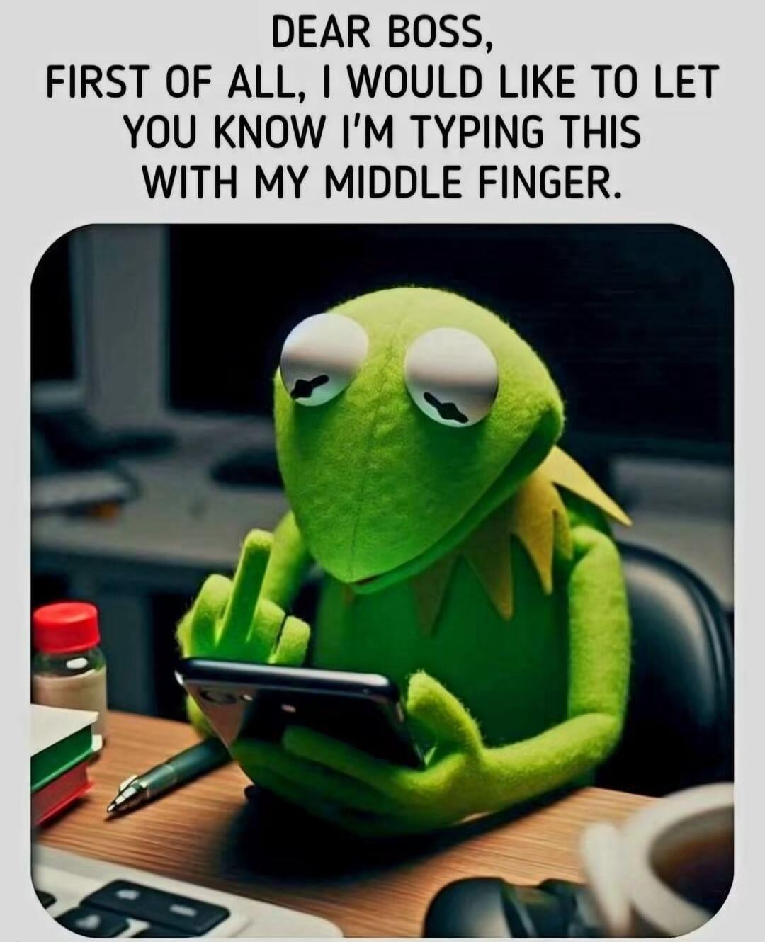 DEAR BOSS, FIRST OF ALL, I WOULD LIKE TO LET YOU KNOW I'M TYPING THIS WITH MY MIDDLE FINGER.