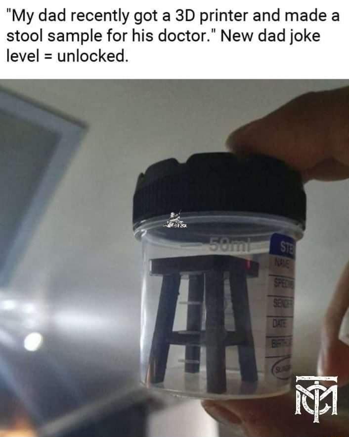 My dad recently got a 3D printer and made a stool sample for his doctor New dad joke level unlocked