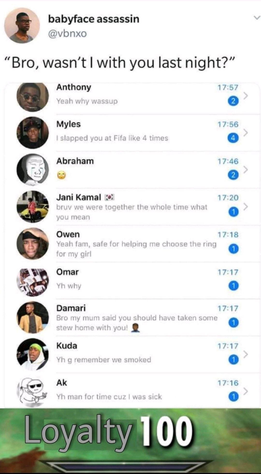 babyface assassin R vbnxo Bro wasnt with you last night Anthony Myles ped you Abraham Q L O a e i L2 D 1287