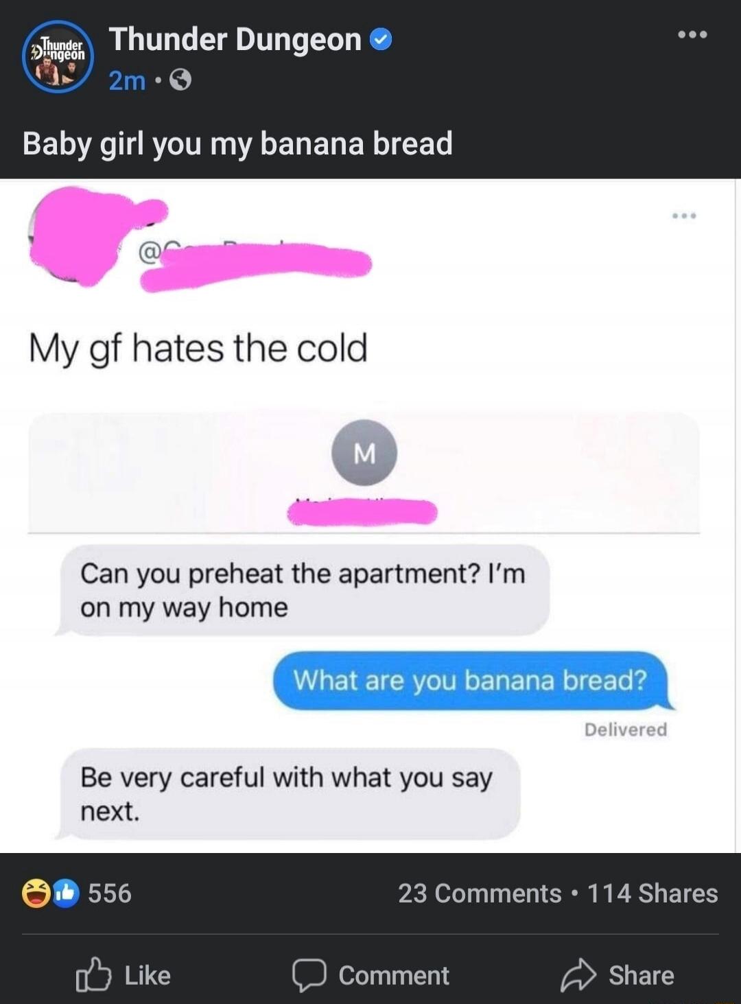 Thunder Dungeon Baby girl you my banana bread My gf hates the cold Can you preheat the apartment? I'm on my way home What are you banana bread? Be very careful with what you say next.
