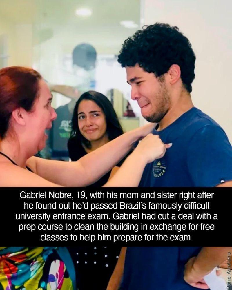 Gabriel Nobre 19 with his mom and sister right after he found out hed passed Brazils famously difficult university entrance exam Gabriel had cut a deal with a prep course to clean the building in exchange for free classes to help him prepare for the exam P VAR