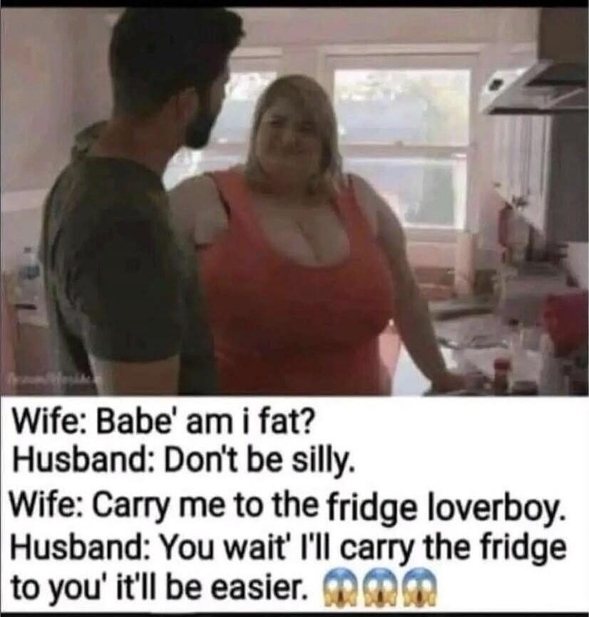Wife: Babe' am i fat? Husband: Don't be silly. Wife: Carry me to the fridge loverboy. Husband: You wait' I'll carry the fridge to you' it'll be easier. 😱😱😱