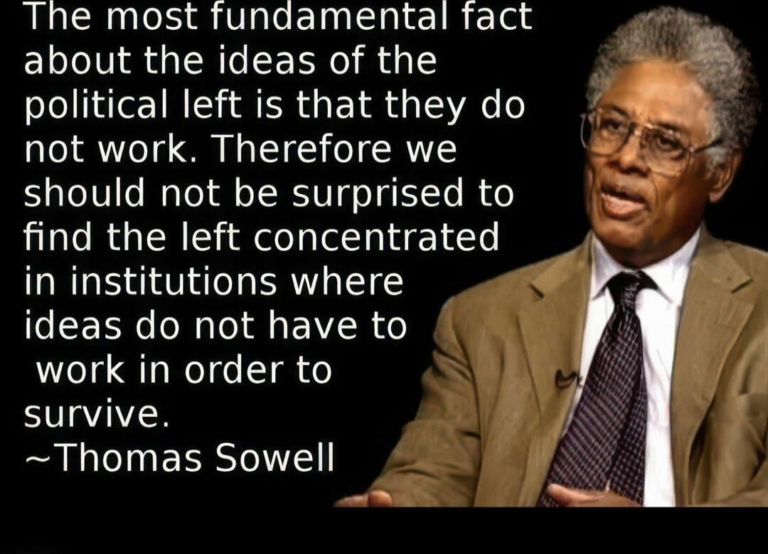 The most fundamental fact about the ideas of the political left is that they do not work. Therefore we should not be surprised to find the left concentrated in institutions where ideas do not have to work in order to survive. ~Thomas Sowell