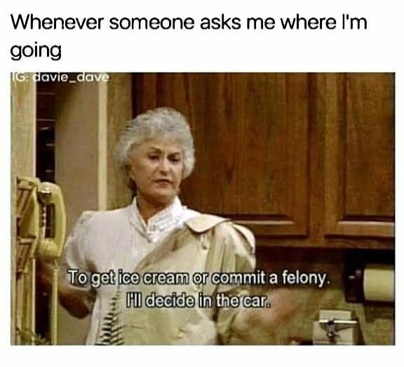 Whenever someone asks me where I'm going IG: davie_dave To get ice cream or commit a felony. I'll decide in the car.