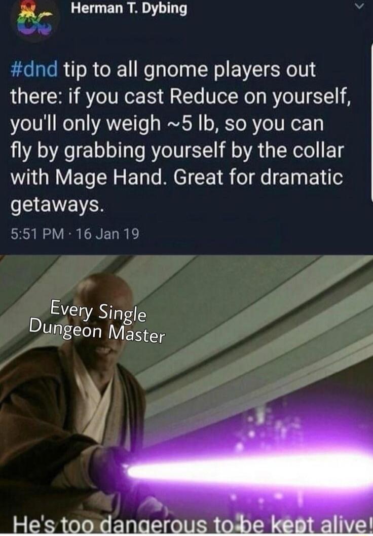 Herman T Dybing e dnd tip to all gnome players out there if you cast Reduce on yourself youll only weigh 5 Ib so you can fly by grabbing yourself by the collar WGGRVETTRS LT BETCETR o dsET ETe EENENES BN VR ONED R Every Singl gle Dungeon VERS